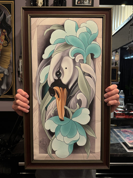 Swan and Flowers Neotraditional Tattoo Style Canvas Art Print 12x24"