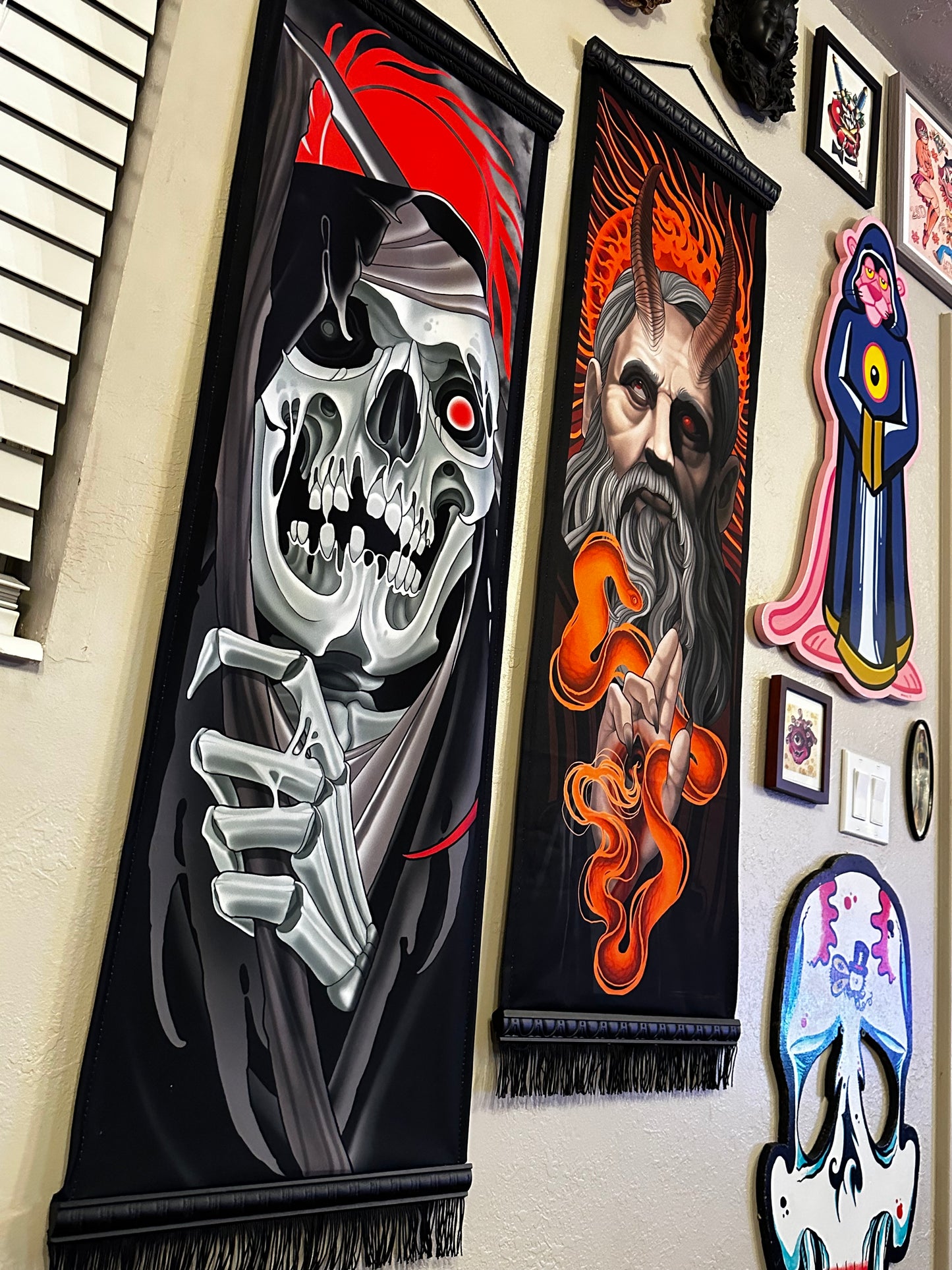 Grim Reaper Neotraditional Tattoo Style Art Tapestry Fabric Banner 15x45”