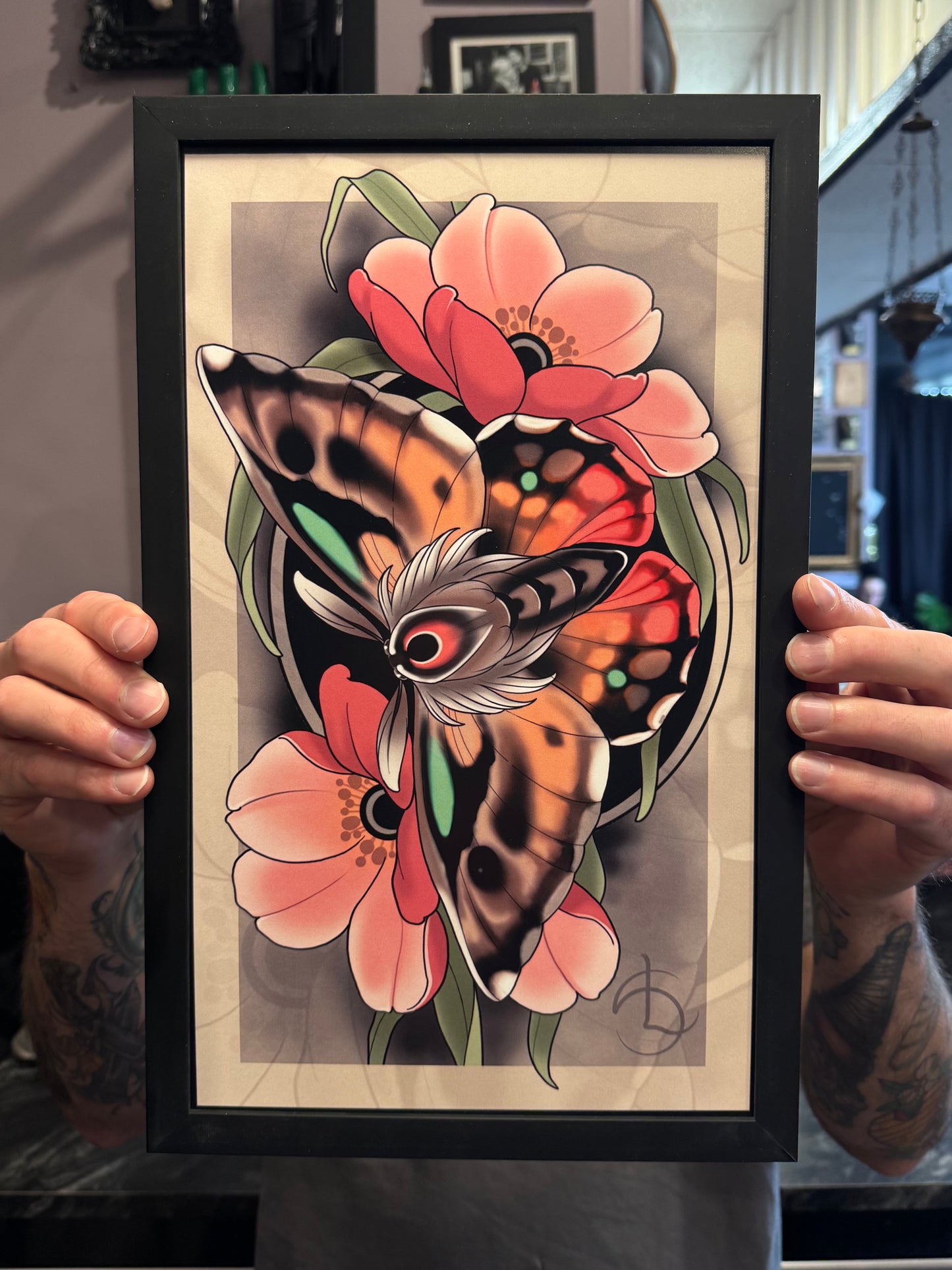 Moth and Flowers Neotraditional Tattoo Style Art Print 8.5x14"