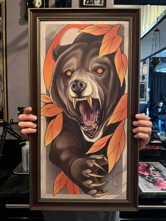 Grizzly Bear Neotraditional Tattoo Style Canvas Art Print 12x24"