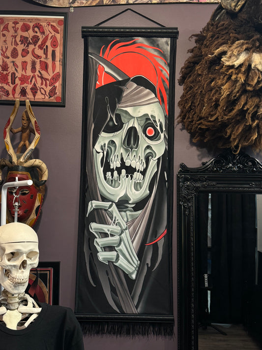 Grim Reaper Neotraditional Tattoo Style Art Tapestry Fabric Banner 15x45”