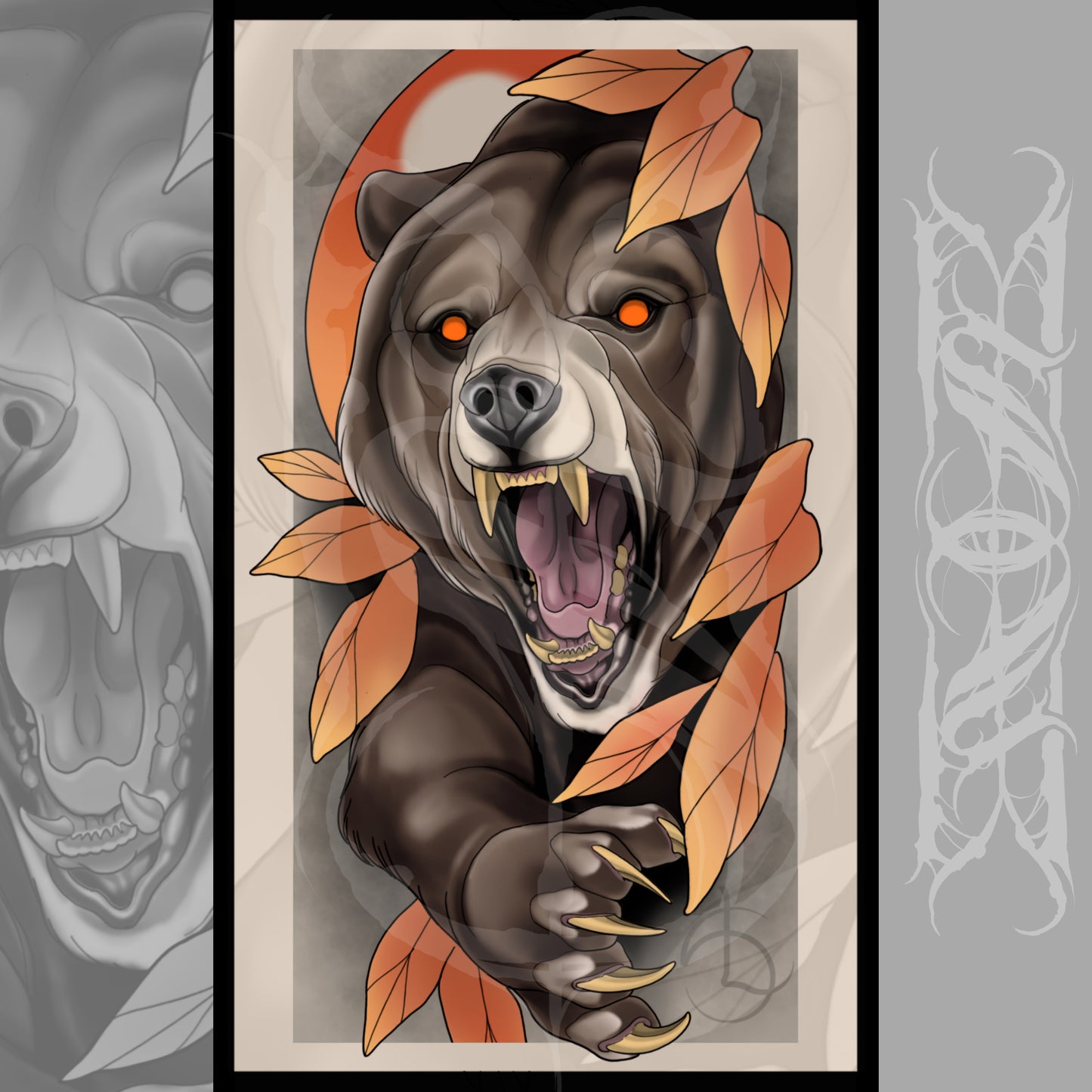 Grizzly Bear Neotraditional Tattoo Style Art Print 8.5x14"