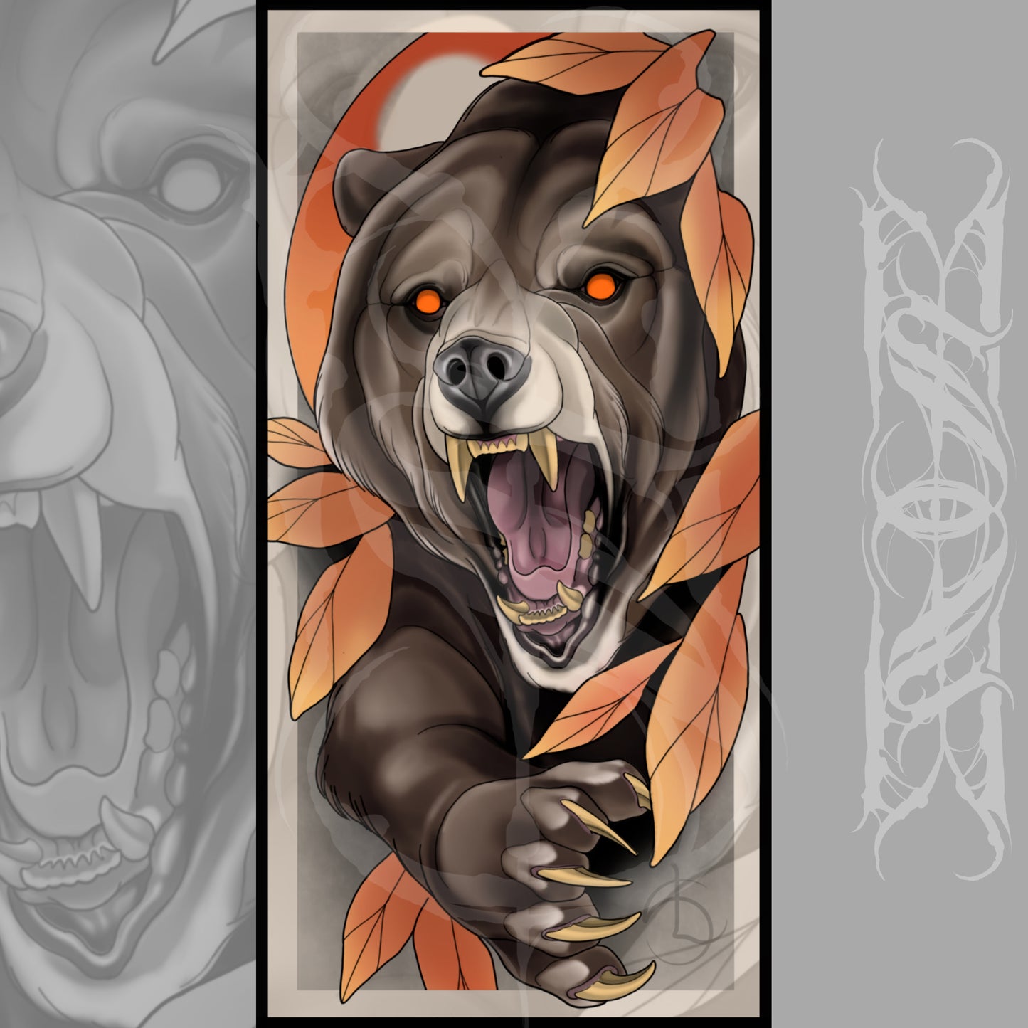 Grizzly Bear Neotraditional Tattoo Style Canvas Art Print 12x24"