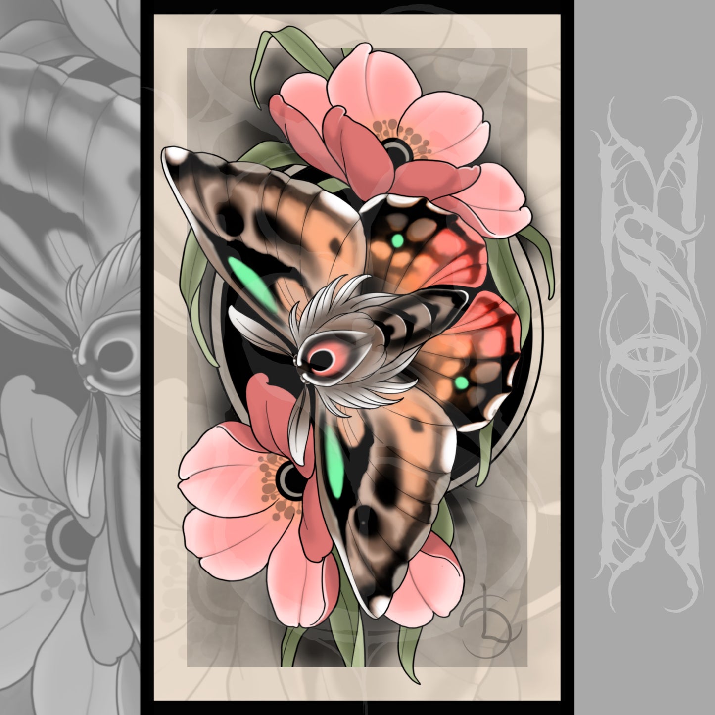 Moth and Flowers Neotraditional Tattoo Style Art Print 8.5x14"