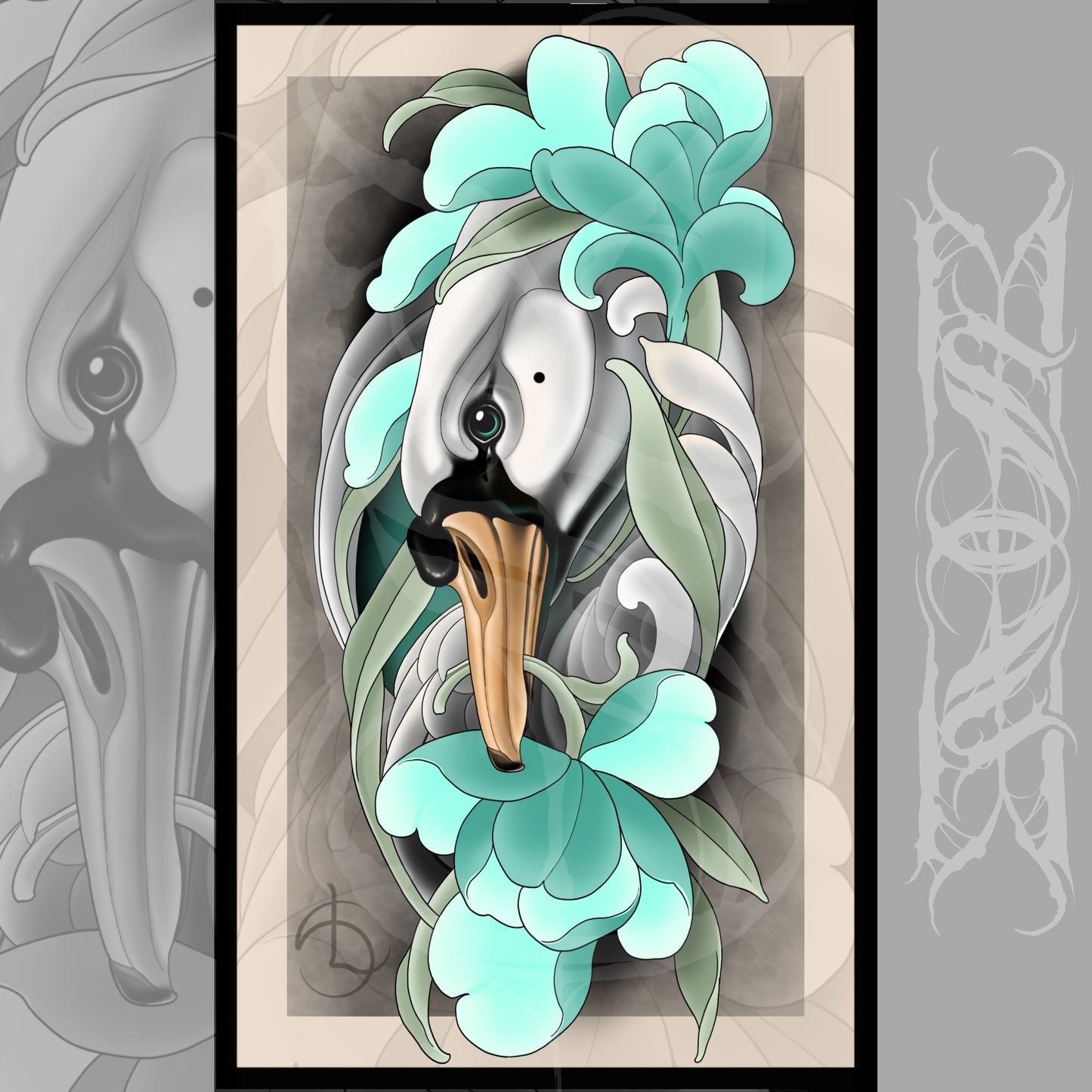 Swan and Flowers Neotraditional Tattoo Style Art Print 8.5x14"