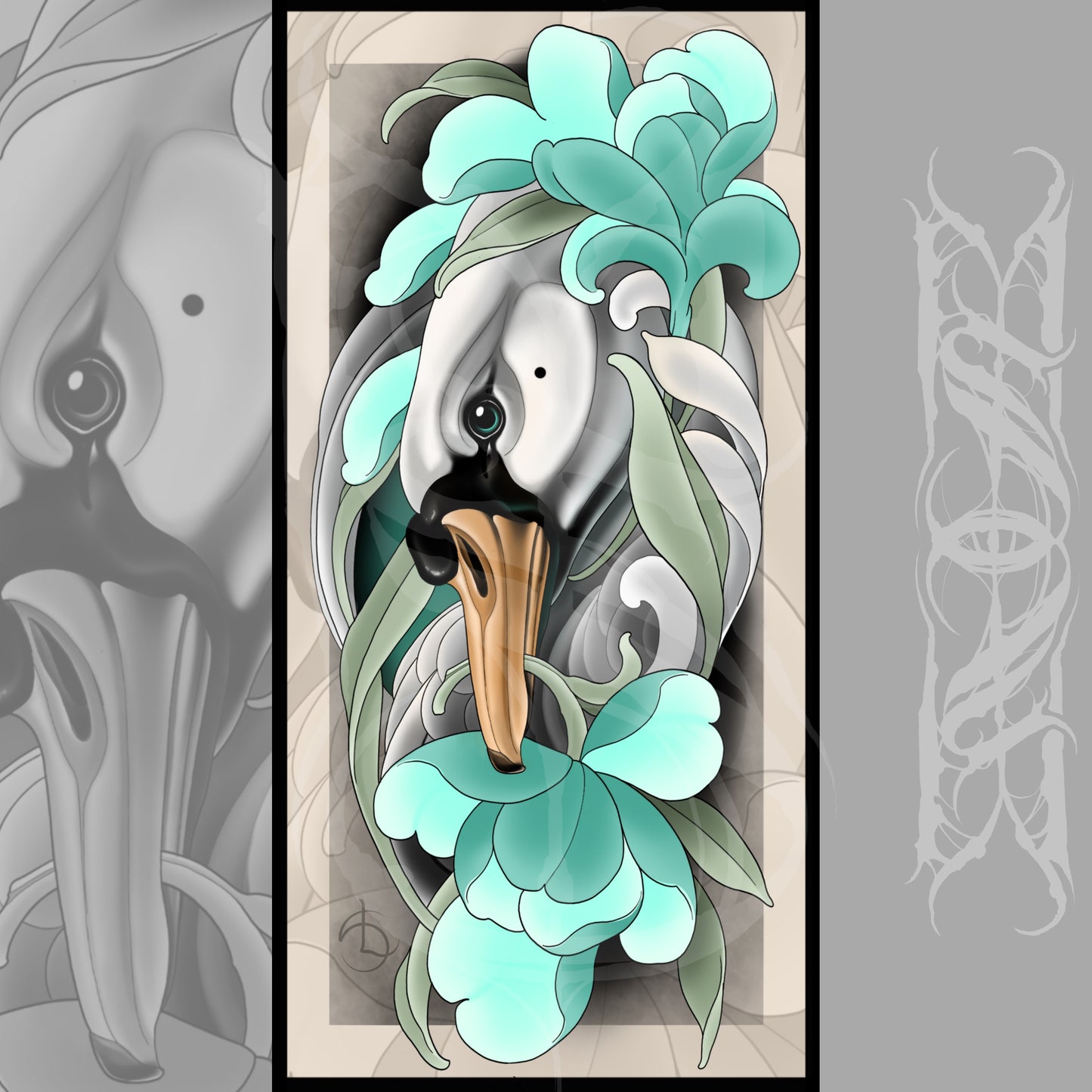 Swan and Flowers Neotraditional Tattoo Style Canvas Art Print 12x24"