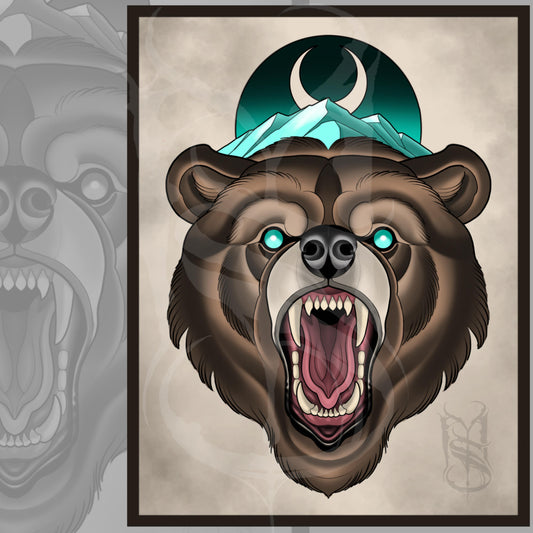 Grizzly Bear Neotraditional Tattoo Style Art Print 8.5x11"