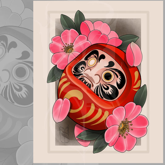 Daruma Doll American Japanese Neotraditional Tattoo Style Art Print 8x10"