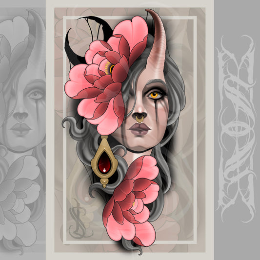 Demon Girl Neotraditional Tattoo Style Art Print 11x17"