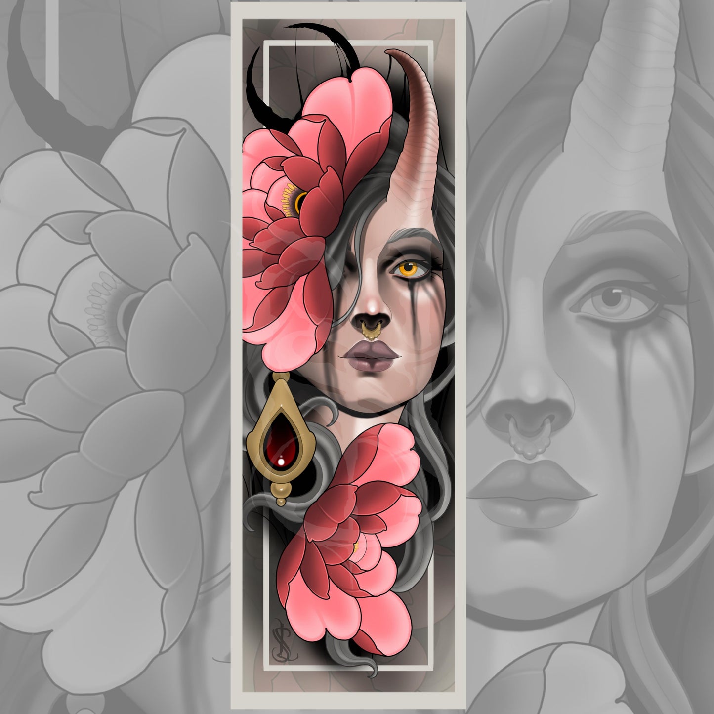 Demon Girl Neotraditional Tattoo Style Art Print 12x36"