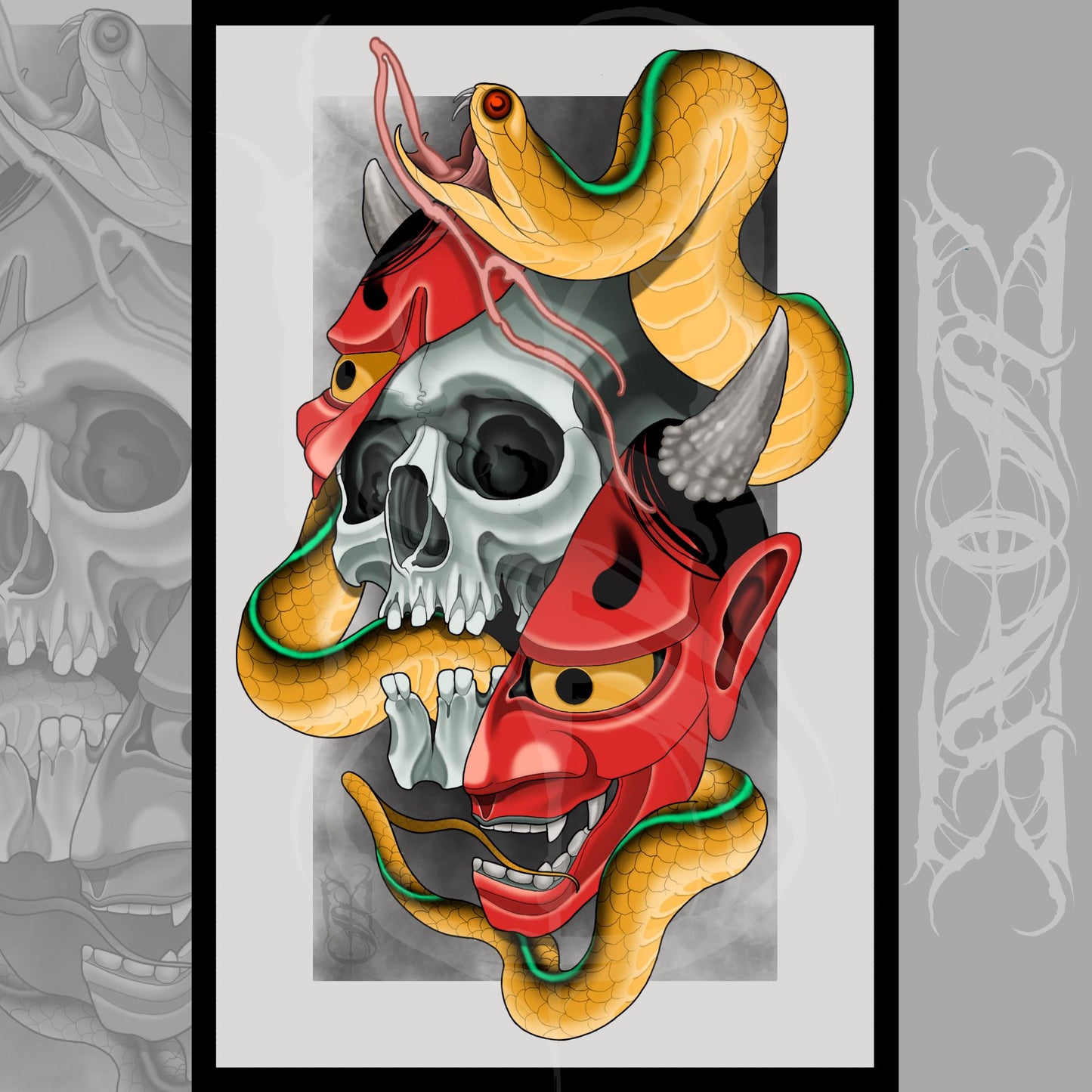 Hannya, Skull, & Snake Japanese Neotraditional Tattoo Style Art Print 11x17"