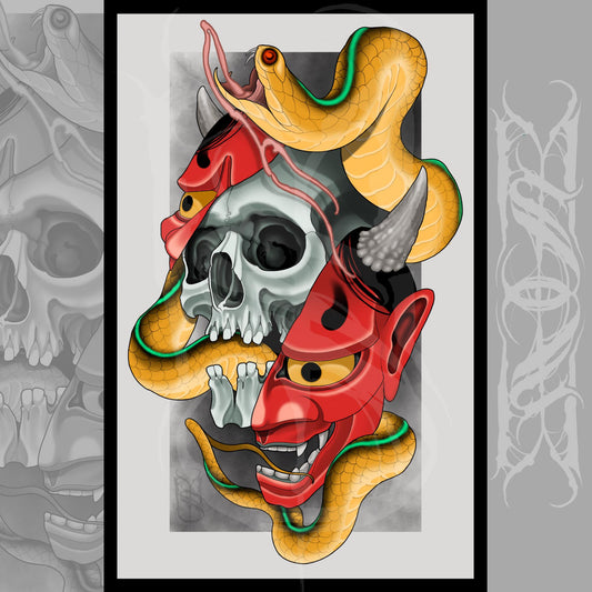 Hanya, Skull, & Snake Japanese/Neotraditional Tattoo Style Art Print 11x17"