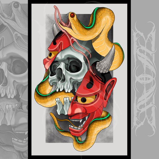 Hannya, Skull, & Snake Japanese Neotraditional Tattoo Style Art Print 11x17"