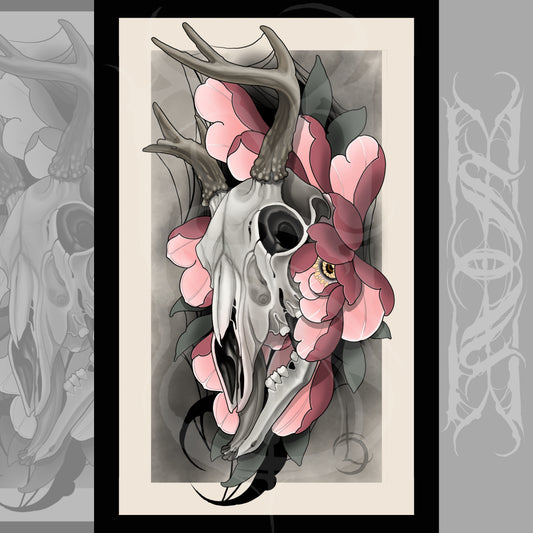 Stag/Deer Skull and Peony Neotraditional Tattoo Style Art Print 11x17"
