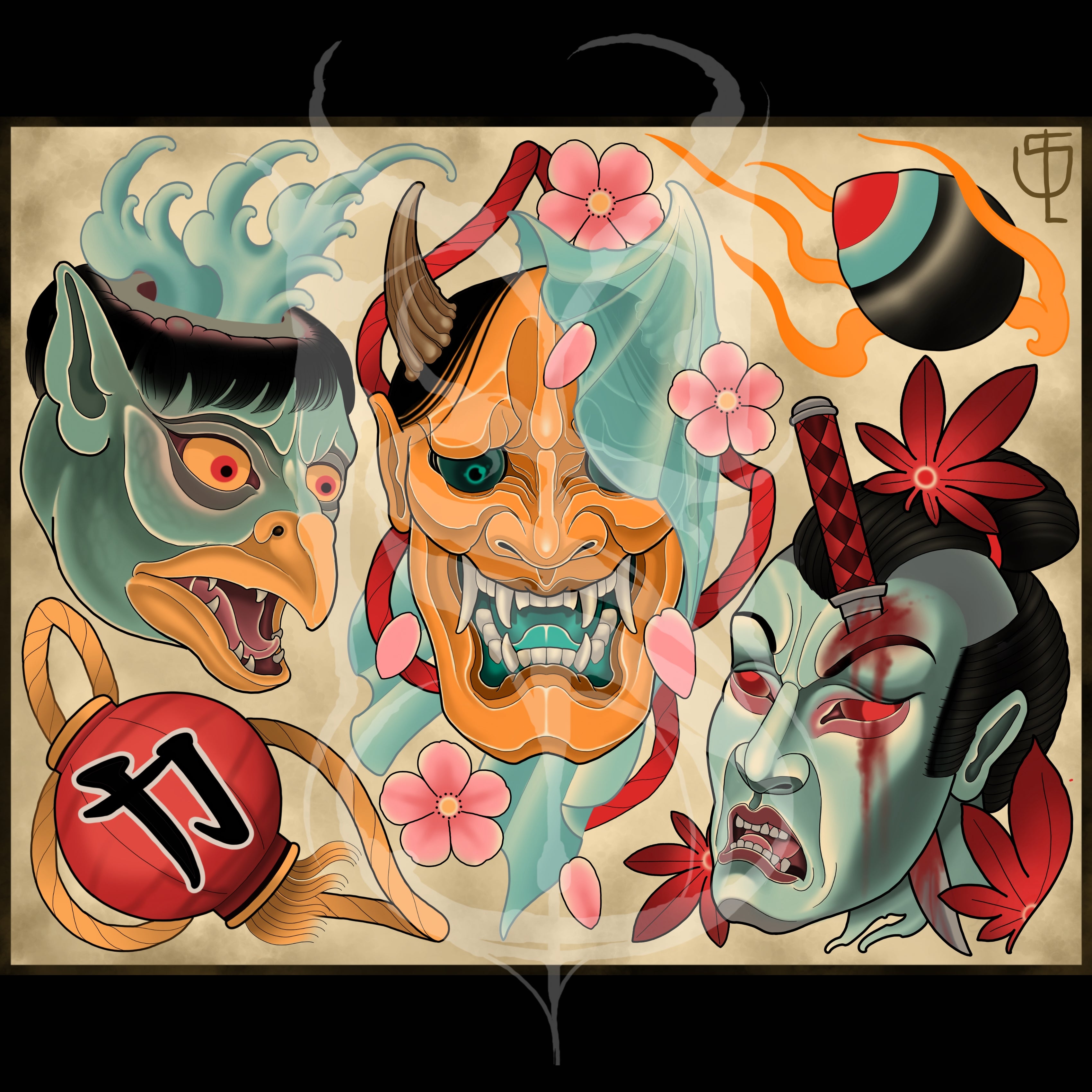 Japanese Yokai Oni/Hannya, Namakubi, Kappa Neotraditional Tattoo Flash