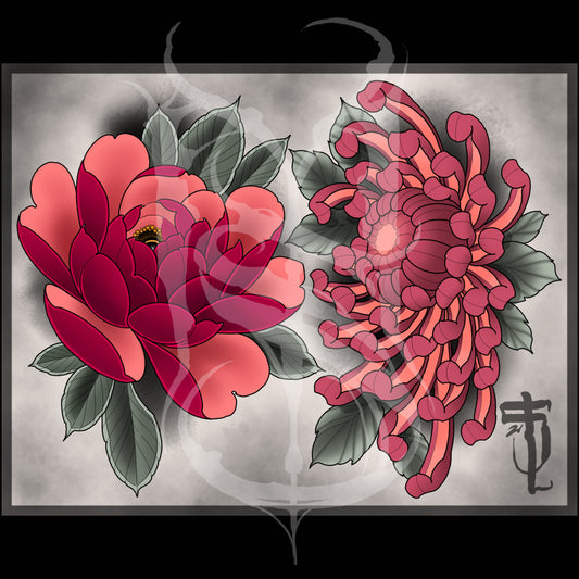 Peony & Chrysanthemum Floral Neotraditional Tattoo Flash Sheet Art Print 11x14"