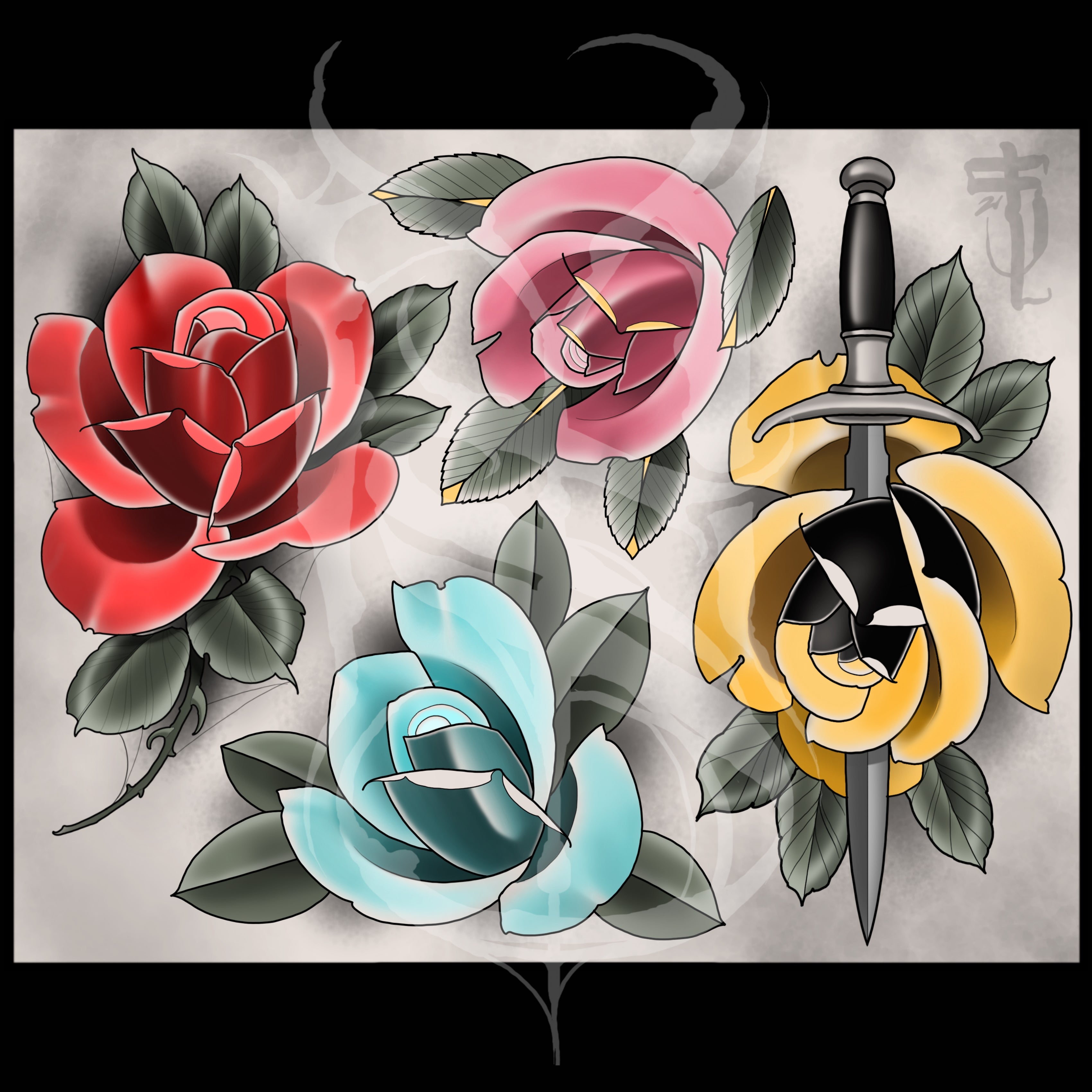 Traditional Rose Tattoo Flash Outlines