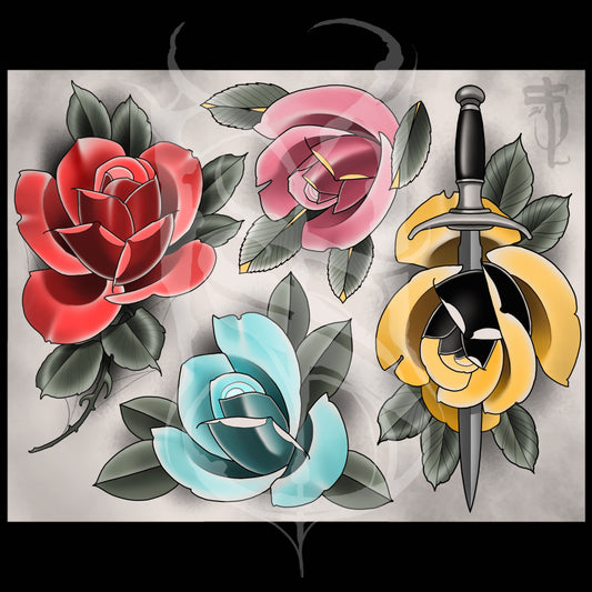 Roses Neotraditional Tattoo Flash Sheet Art Print 11x14"