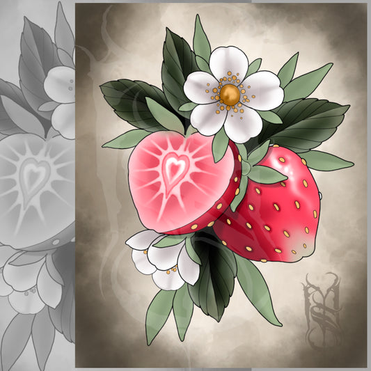 Strawberry Neotraditional Tattoo Style Art Print 8x10"