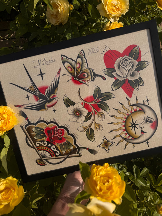 Moon Fan Rose Sparrow Butterfly Traditional Tattoo Flash Sheet Art Print 11x14”