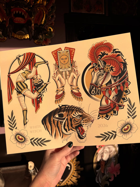 Circus Traditional Tattoo Flash Sheet Art Print 11x14”