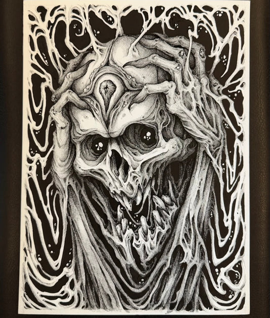 Skull “Psychosis” Blackwork Illustrative Tattoo Style Art Print 11x15”