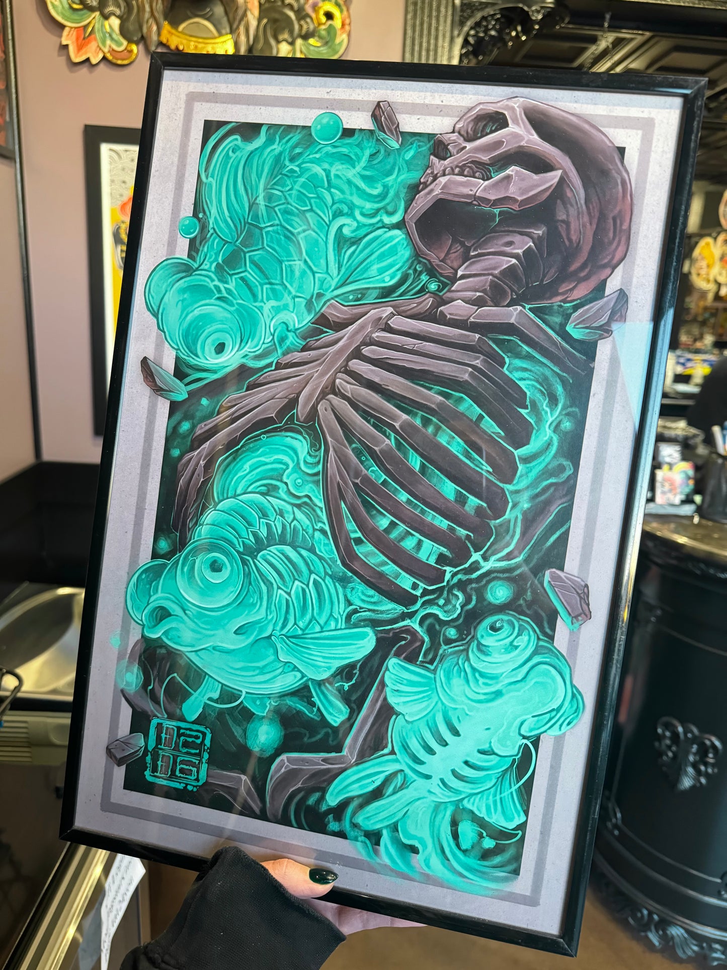 Skeleton Glowy Fish Illustrative Tattoo Style Art Print 11x17"