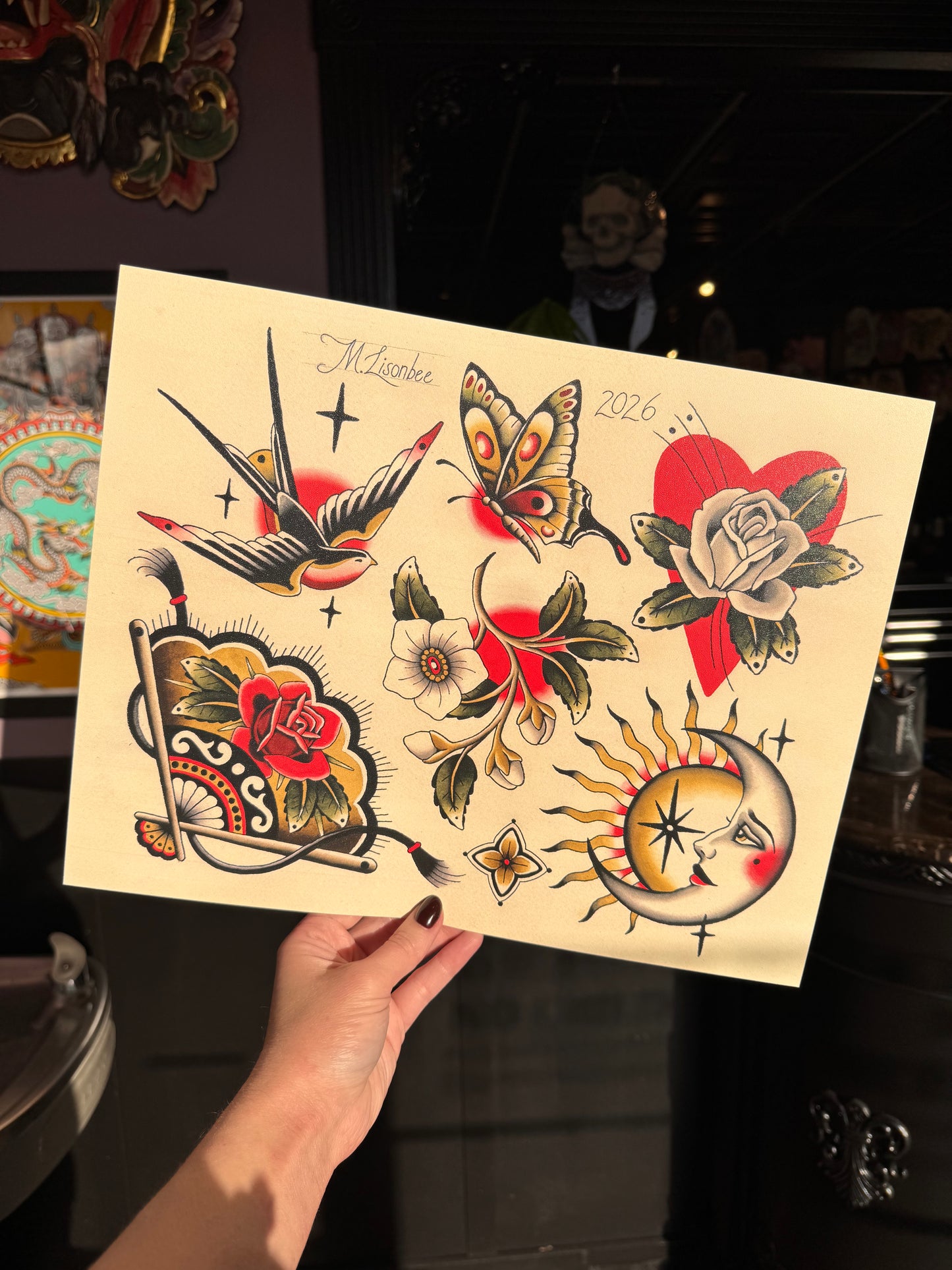 Moon Fan Rose Sparrow Butterfly Traditional Tattoo Flash Sheet Art Print 11x14”