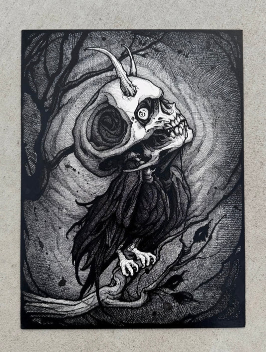 Skull Crow Blackwork Illustrative Tattoo Style Art Print 9x11”