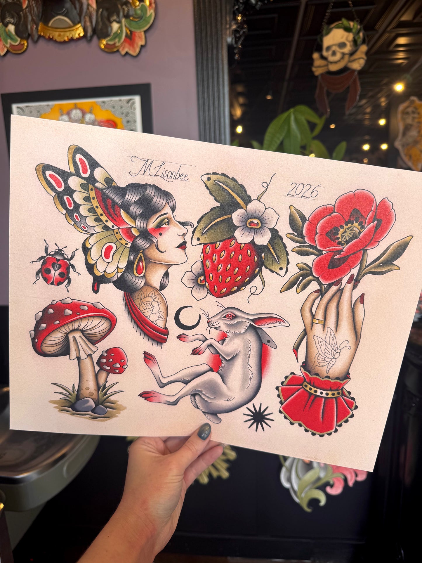 Rabbit, Butterfly Lady, Mushroom, Strawberry Traditional Tattoo Flash Sheet Art Print 11x14”