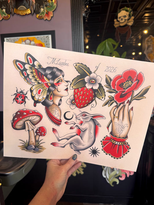 Rabbit, Butterfly Lady, Mushroom, Strawberry Traditional Tattoo Flash Sheet Art Print 11x14”