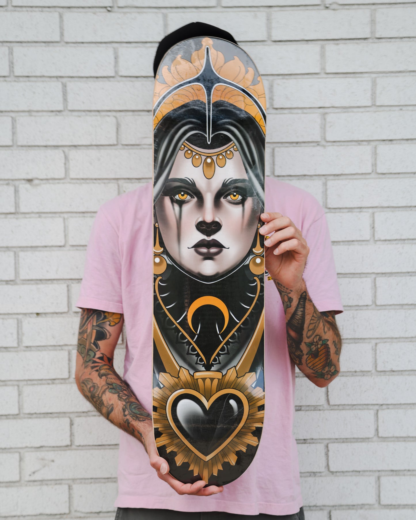 Sacred Heart Lady Face Neotraditional Tattoo Skateboard Deck