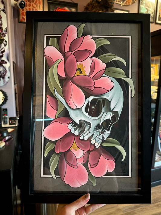 Skull and Peony Neotraditional Tattoo Style Art Print 11x17"