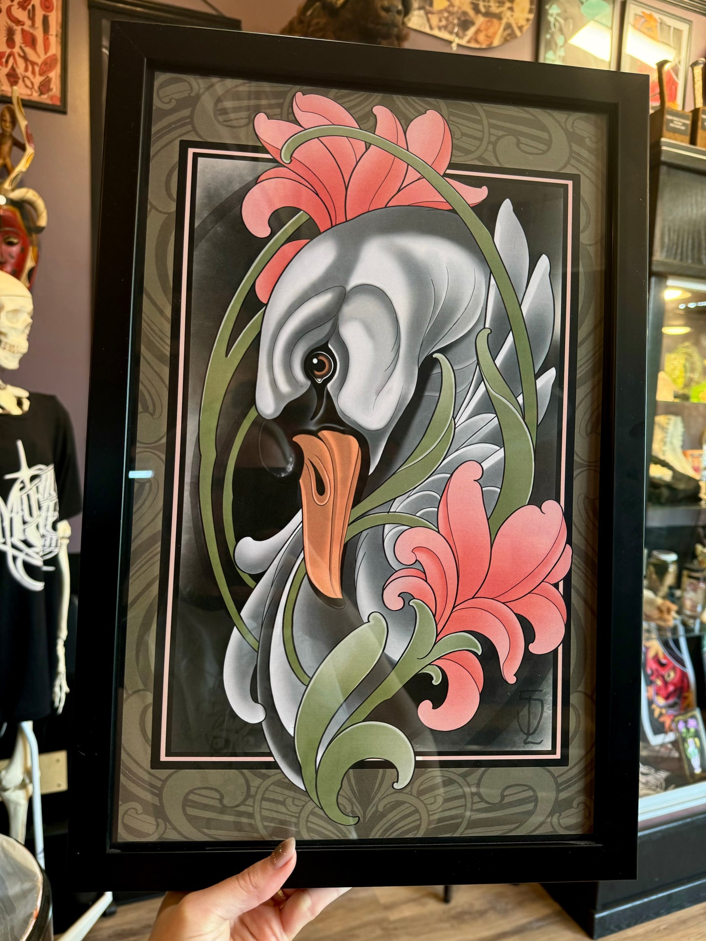 Swan and Flowers Art Nouveau Neotraditional Tattoo Style Art Print 11x17"