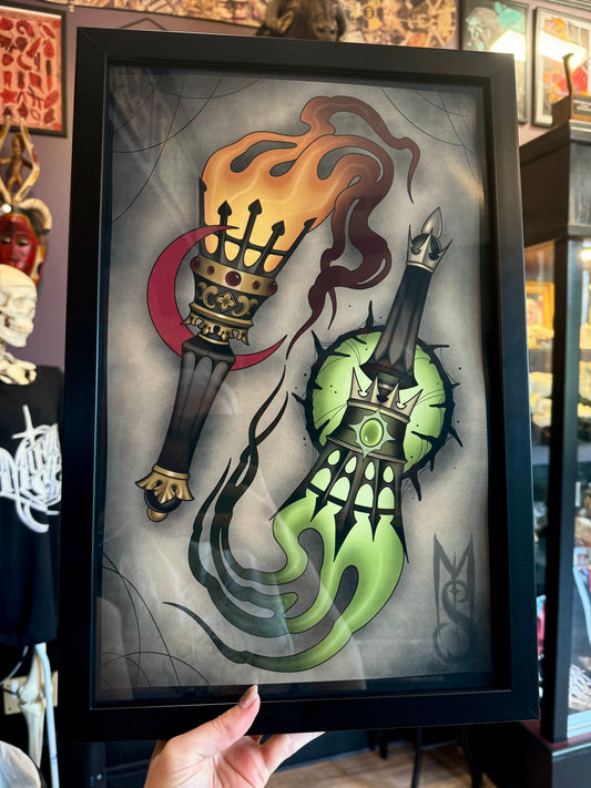 Medieval Torches Neotraditional Tattoo Flash Art Print 11x17"