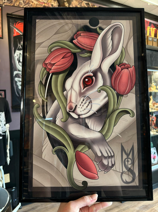 Rabbit and Tulips Neotraditional Tattoo Style Art Print 11x17”