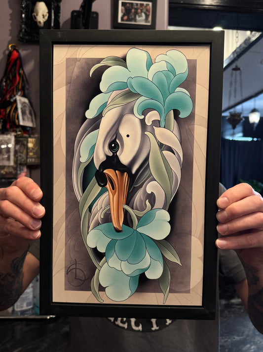 Swan and Flowers Neotraditional Tattoo Style Art Print 8.5x14"