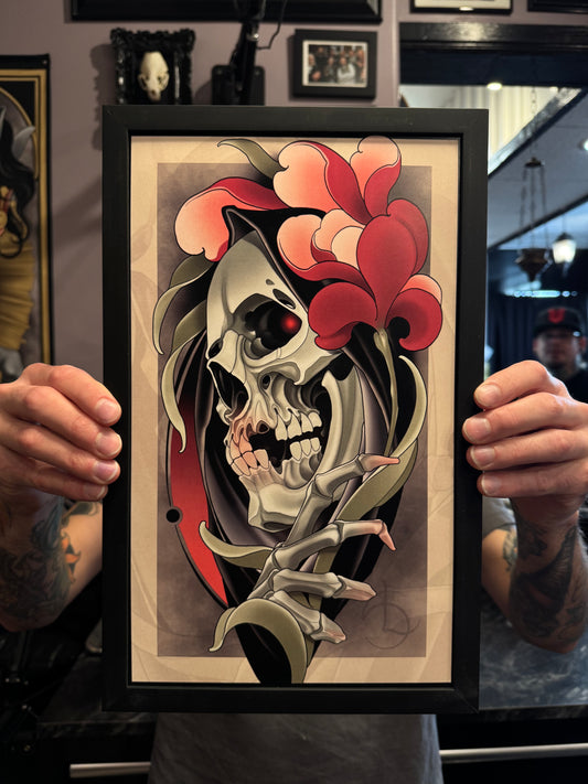 Grim Reaper Skull Neotraditional Tattoo Style Art Print 8.5x14"