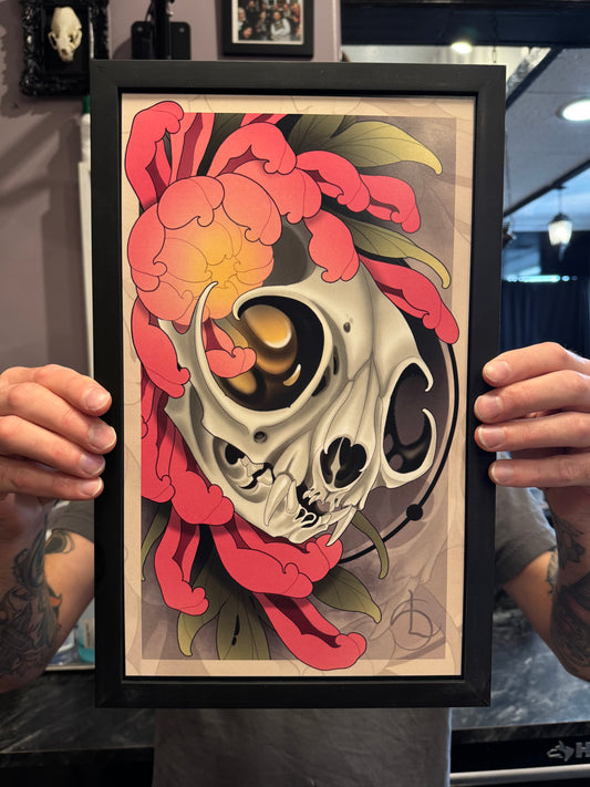 Cat Skull and Chrysanthemum Neotraditional Tattoo Style Art Print 8.5x14"