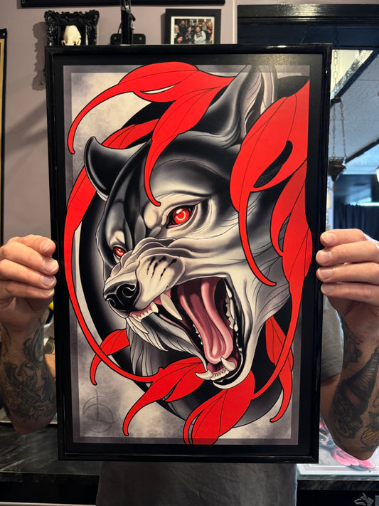 Snarling Wolf Neotraditional Tattoo Style Art Print 11x17"