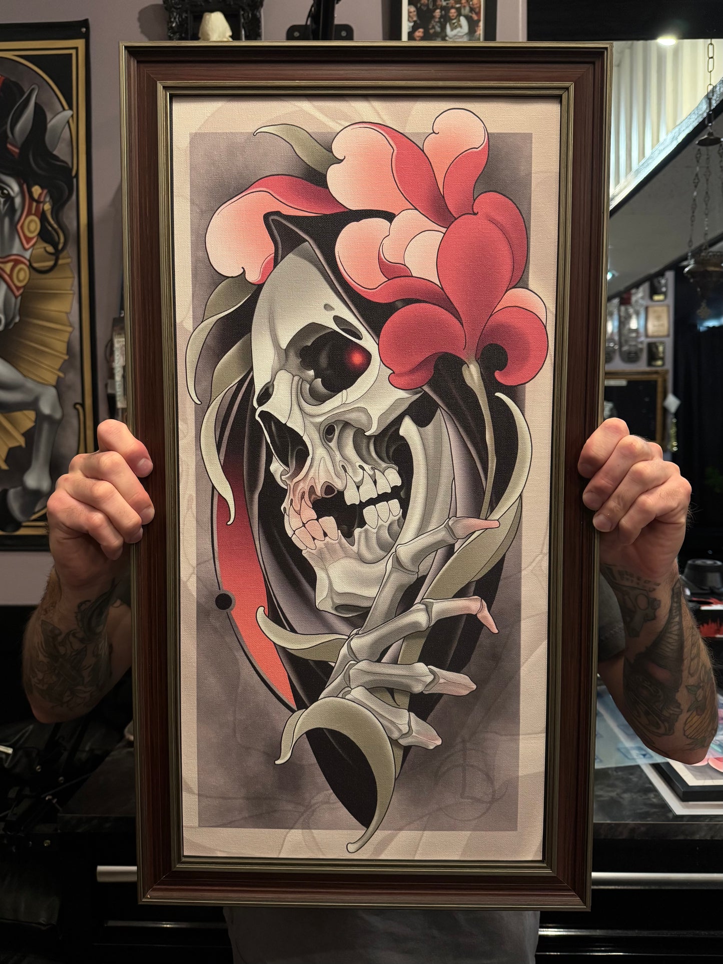 Grim Reaper Skull Neotraditional Tattoo Style Canvas Art Print 12x24"