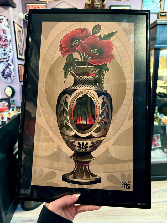 Memorial Vase With Poppies Neotraditional Tattoo Style Art Print 11x17”