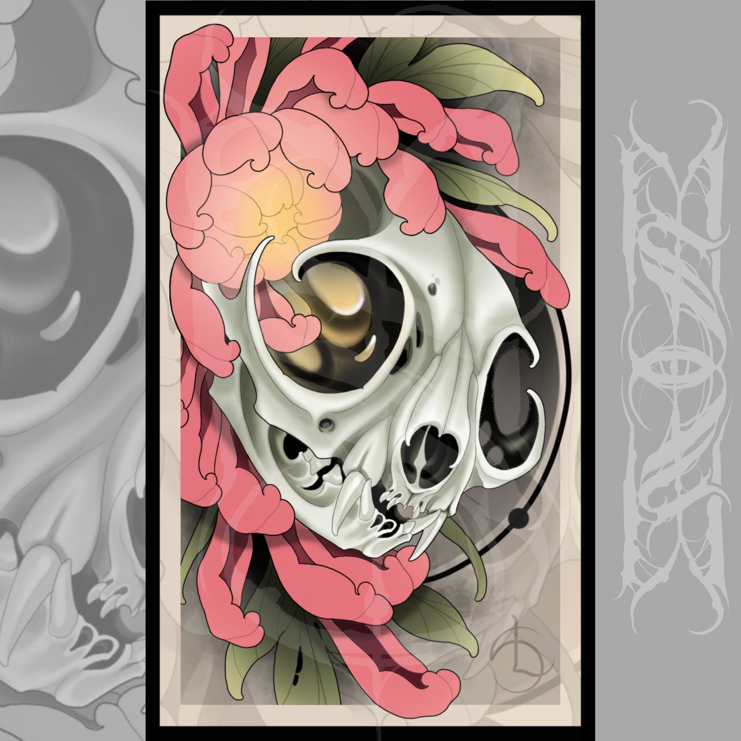 Cat Skull and Chrysanthemum Neotraditional Tattoo Style Art Print 8.5x14"