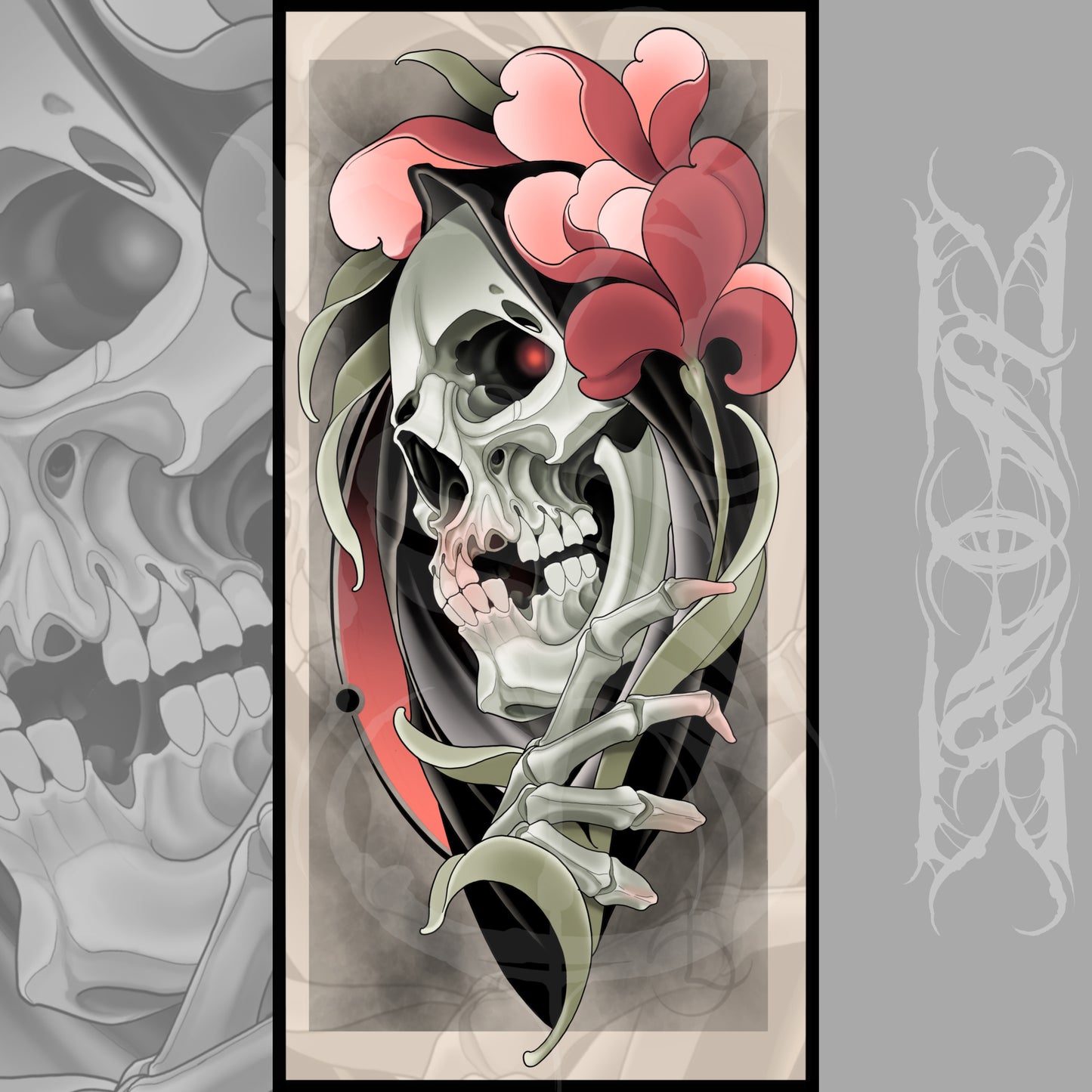 Grim Reaper Skull Neotraditional Tattoo Style Canvas Art Print 12x24"