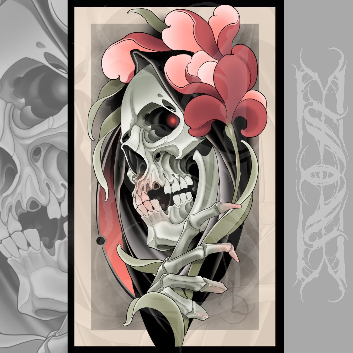 Grim Reaper Skull Neotraditional Tattoo Style Art Print 8.5x14"