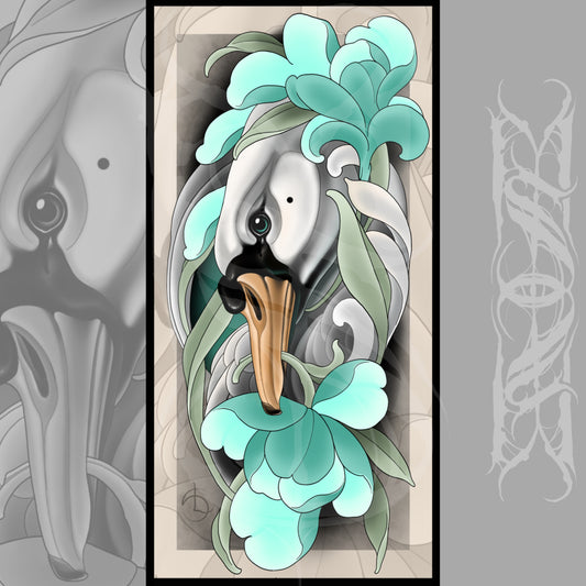 Swan and Flowers Neotraditional Tattoo Style Canvas Art Print 12x24"