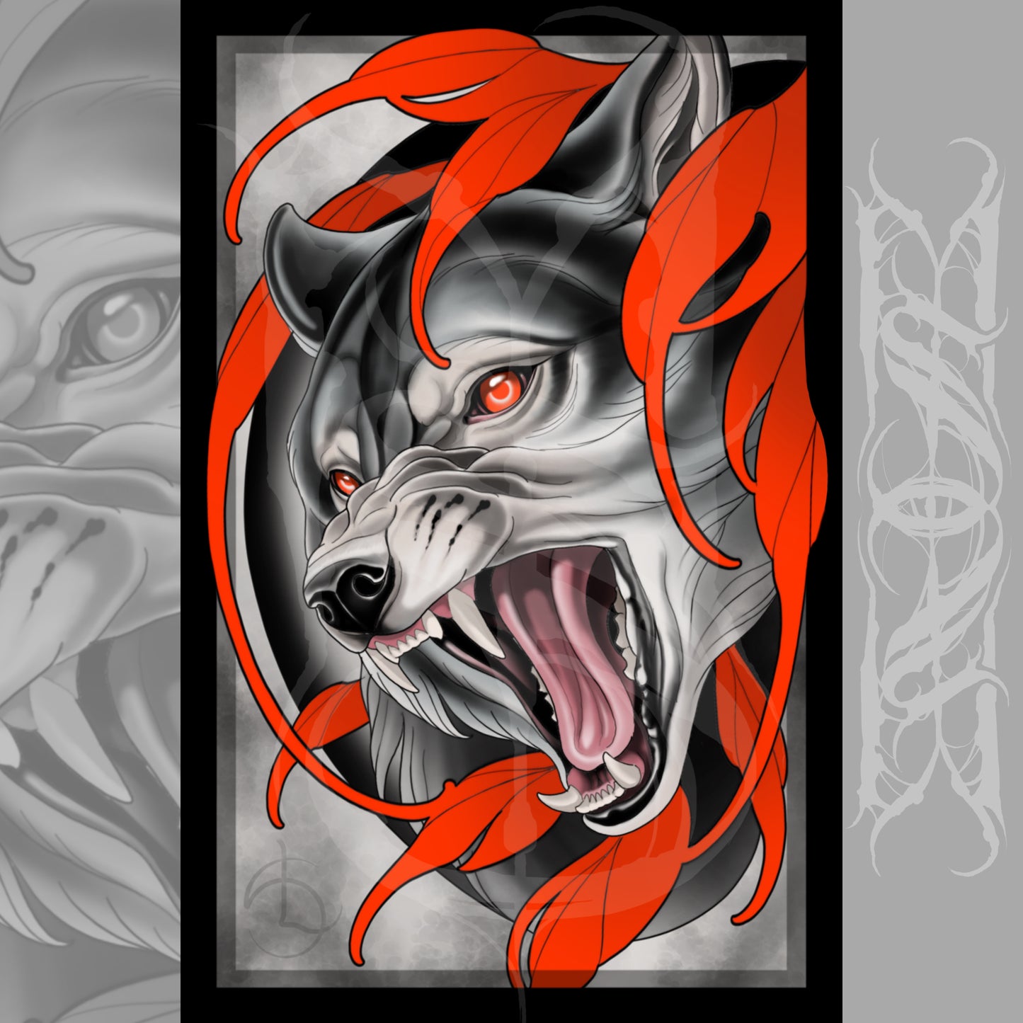 Snarling Wolf Neotraditional Tattoo Style Art Print 11x17"